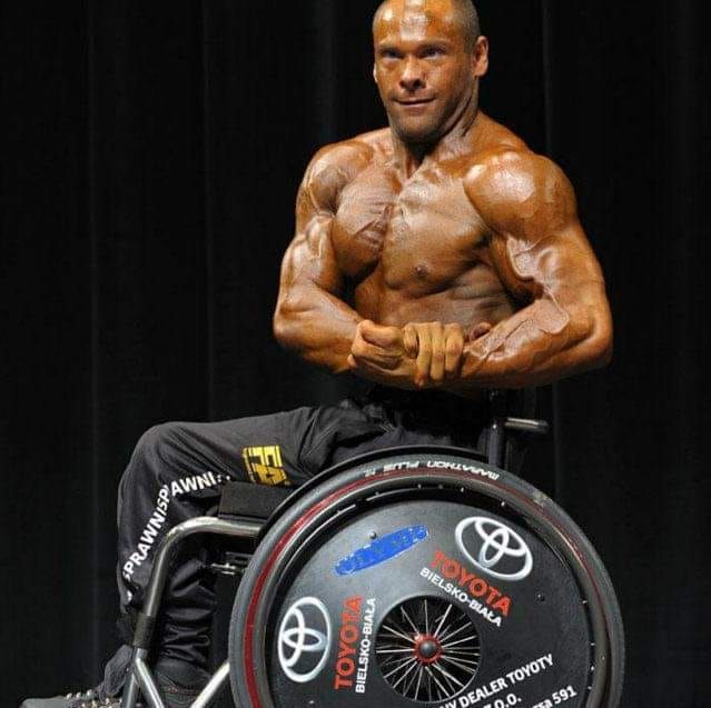 Muskularny mężczyzna na wózku pręży mięśnie.